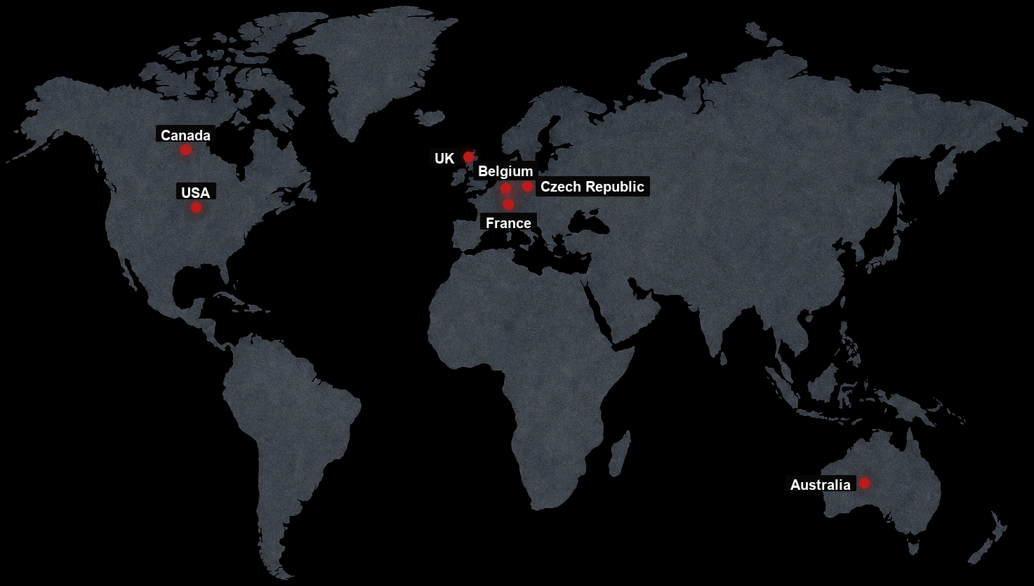 World map with live IMAX 70mm countries: UK, Belgium, France, Czech Republic, USA, Canada, Australia