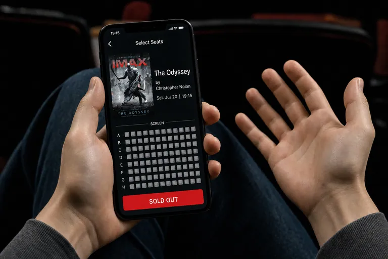 Phone showing The Odyssey sold out at 19:15