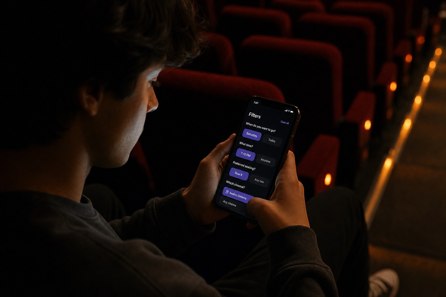 Person in a cinema setting filters for day, time and row on their phone