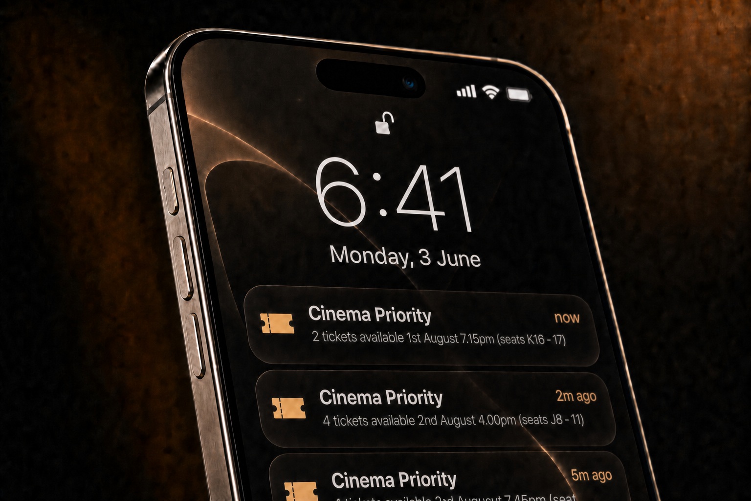 iPhone lock screen with three Cinema Priority ticket alerts, the third cut off at the bottom of the frame