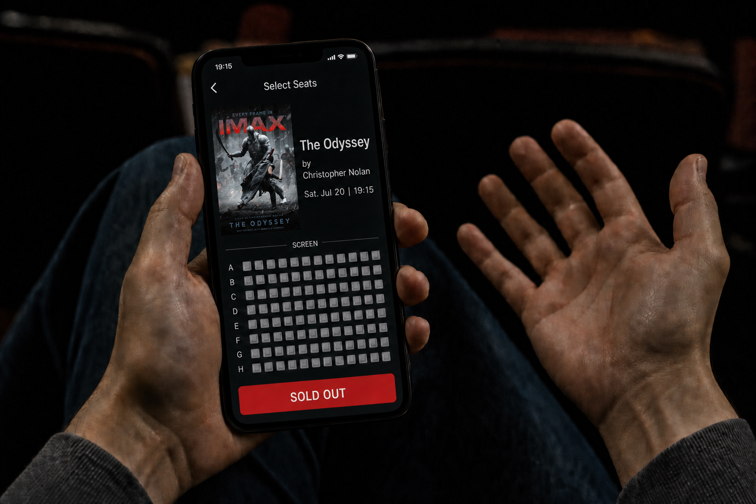 Phone showing The Odyssey sold out at 19:15